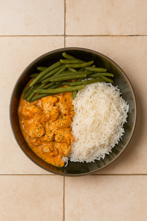 BUTTER CHICKEN WITH RICE AND GREEN BEANS