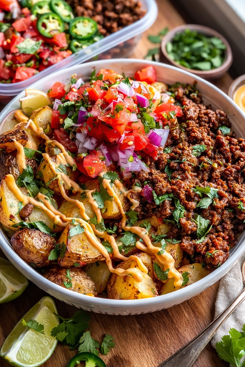 Cheesy Beef Taco Potato Bowl
