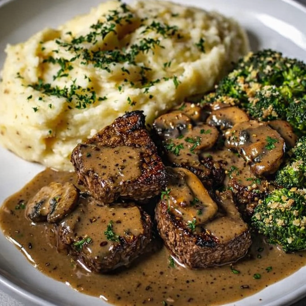 Creamy Mushroom Steak With Mashed Potatoes And Broccoli