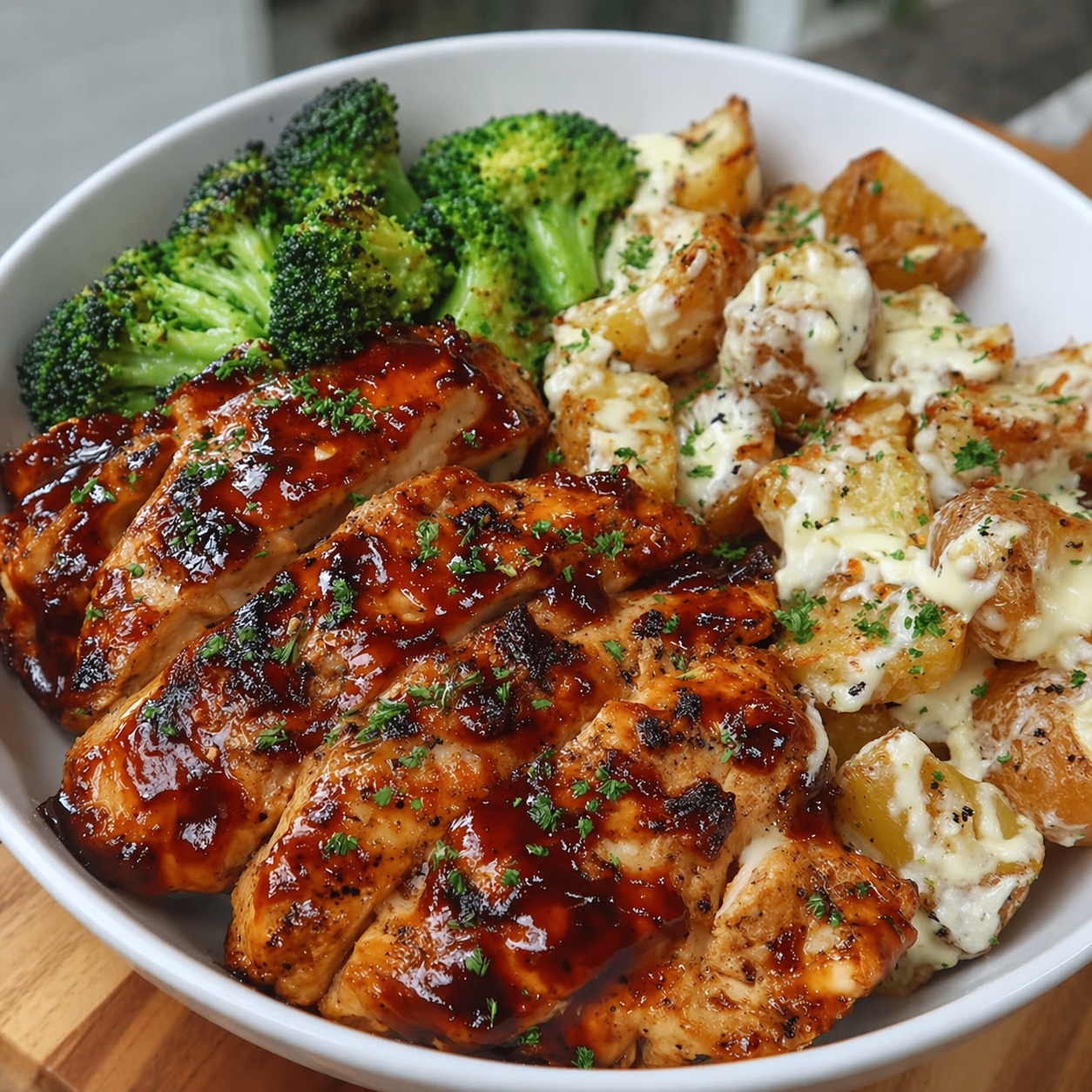 Honey BBQ Chicken With Garlic Parmesan Potatoes And Broccoli